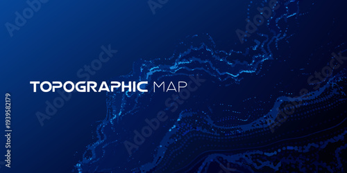 Abstract topographic map with digital particles and dark blue gradient