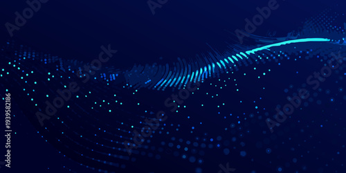 Abstract blue wave of particles and light flowing dynamically