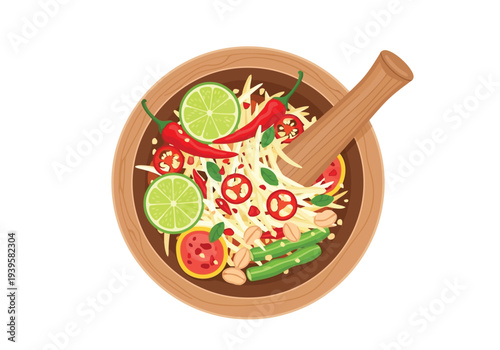 A traditional Thai Som Tum or green papaya salad being prepared in a wooden mortar with a pestle and fresh ingredients.