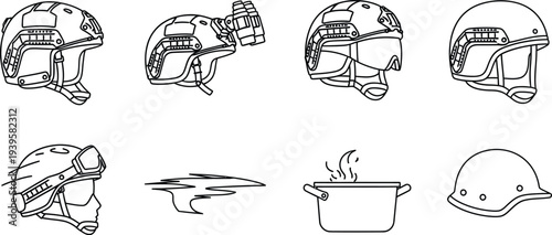 Collection of modern tactical and military helmets detailed line art vector illustrations for defense security and gaming applications