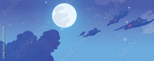 Full Moon in Starry Blue Night Sky with Drifting Clouds and Moonlit Streaks
