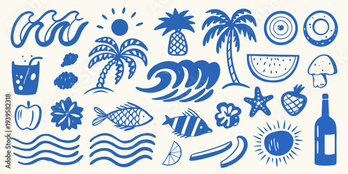 Blue summer doodles featuring tropical fruits plants and ocean elements