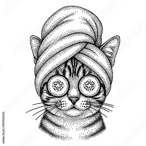 Cat with cucumber slices on eyes and towel on head, funny wellness illustration in vintage halftone style, self care illustration