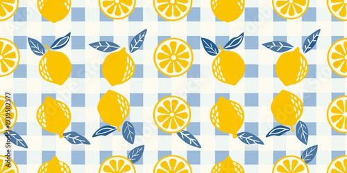 Seamless pattern of lemons leaves and a blue gingham background