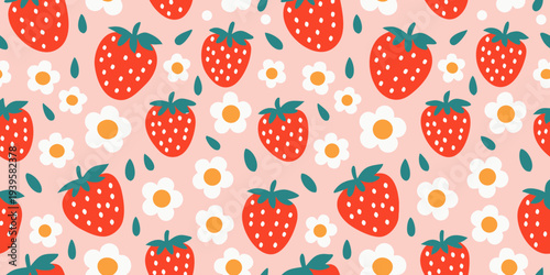 A cheerful pattern of red strawberries and white flowers on pink