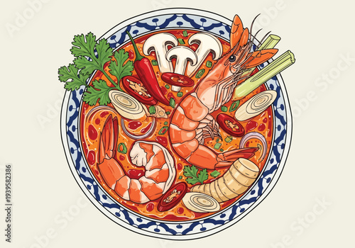 An intricately illustrated bowl of spicy Tom Yum Goong soup with plump shrimp, mushrooms, and exotic Thai herbs.