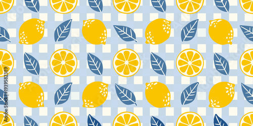 Seamless pattern with lemons leaves and a checkered background