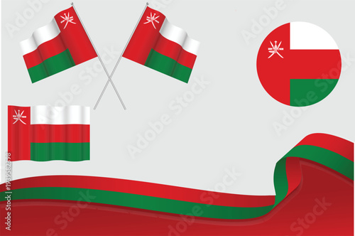 set of Oman flags in different designs icon flaying flag