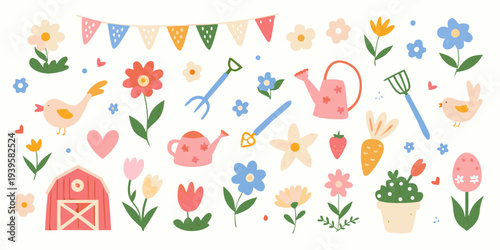 Charming garden illustration featuring flowers birds and farming tools