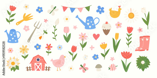 Colorful gardening illustration with flowers tools and farm elements