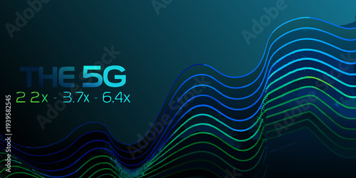 Abstract 5g network visualization with flowing lines and text overlay