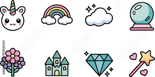 Magical fantasy icons unicorn rainbow cloud crystal ball castle diamond wand for enchantment