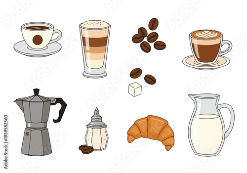 An assortment of coffee-related items, including cups, beans, a moka pot, and milk, are neatly arranged on a white background.