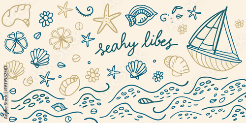 Whimsical illustration of a coastal scene with shells boats and waves