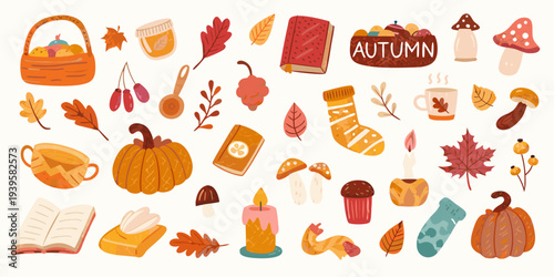 A colorful autumn collection featuring pumpkins leaves and cozy fall items
