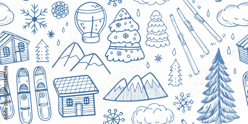 Winter themed doodles including snowflakes cabins and christmas trees