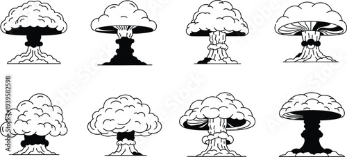 Set of nuclear mushroom cloud illustrations depicted in a black and white vector style ideal for graphic design projects related to war destruction or powerful impacts