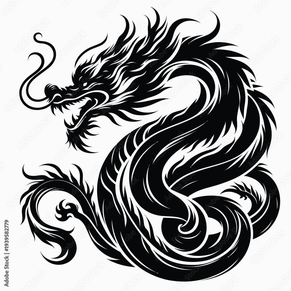 Fototapeta premium A black and white vector illustration of a dragon's head and body with flowing, curved lines and sharp teeth, set against a clean white background, showcasing a mythical creature in a