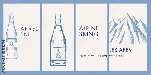 Apres ski themed illustration featuring champagne bottles and mountain graphics