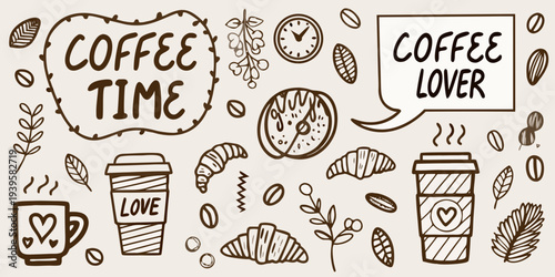 Hand drawn illustration featuring coffee pastries and related design elements
