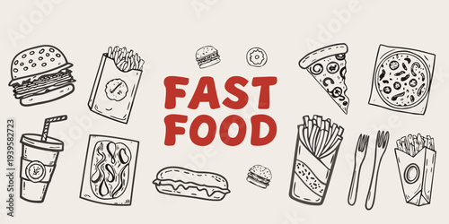 A colorful doodle illustration showcasing various types of fast food items