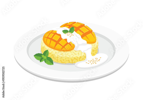 A tempting serving of traditional Thai mango sticky rice, topped with coconut milk and sesame seeds, is beautifully arranged on a white plate.