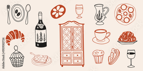 A collection of hand drawn illustrations featuring food drink and furniture