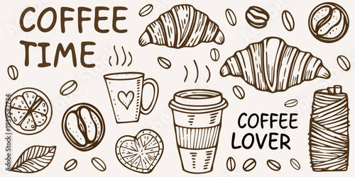 A charming illustration featuring coffee croissants and delightful coffee beans