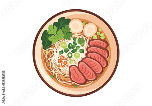 An inviting bowl of Vietnamese pho noodle soup, complete with sliced beef, fresh herbs, and various garnishes, is depicted from a top-down view.