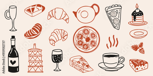 An assortment of hand drawn breakfast dessert and beverage illustrations