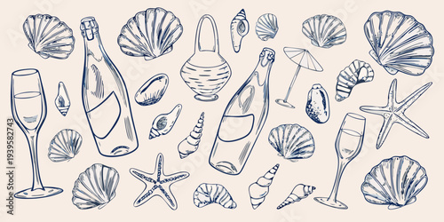 Vintage illustration of seashells champagne and starfish on a beige background