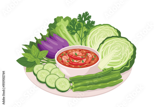 A flavorful Thai chili dip (Nam Prik Kapi) is served with an assortment of fresh and blanched vegetables, creating a vibrant and healthy meal.