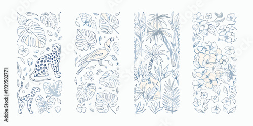 Tropical botanical illustration featuring jaguars birds and lush foliage