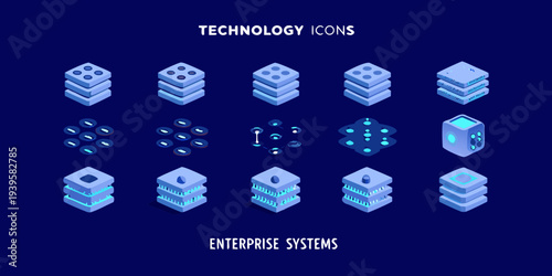 Isometric technology icons and enterprise systems displayed in shades of blue