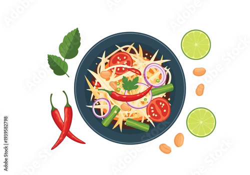 A vibrant and spicy Thai green papaya salad (Som Tum) is beautifully presented in a bowl, surrounded by fresh ingredients like chili, peanuts, and lime.