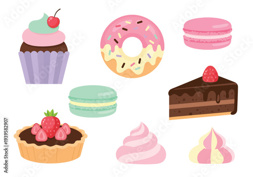 An delightful collection of various sweet pastries and desserts, including cupcakes, donuts, macarons, and cake slices, is presented.