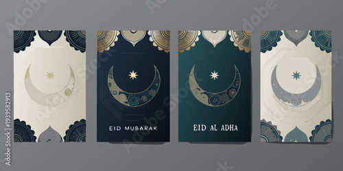 Four eid al adha and eid mubarak islamic greeting card designs