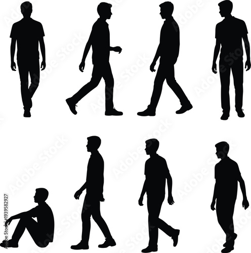 Black silhouette collection of young men walking standing and sitting in various casual poses isolated on white background, vector illustration for urban lifestyle and community group design assets.