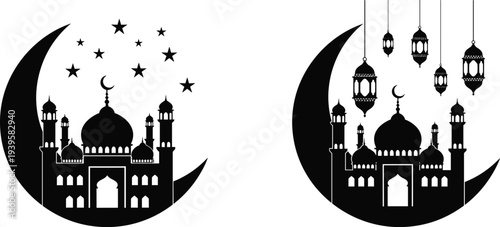 Islamic mosque silhouette inside crescent moon, lanterns, stars artwork, Ramadan and Eid religious design, cultural decorative illustration