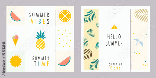 Colorful summer themed designs with fruits ice cream and nautical elements