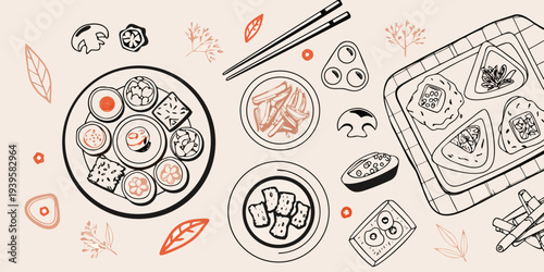 A flat lay illustration of various japanese foods and decorative elements