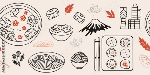 Japanese food and cultural icons illustrated in a playful linear style