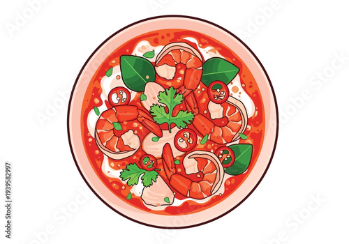 A vibrant bowl of spicy Thai shrimp salad, featuring fresh herbs, chili, and lime, is presented with an overhead view.