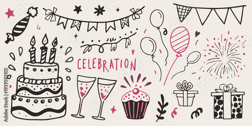 Hand drawn illustration of festive party decorations and celebratory elements