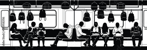 Subway train interior silhouette illustration, seated passengers with backpacks, urban commuter artwork, public transportation design scene