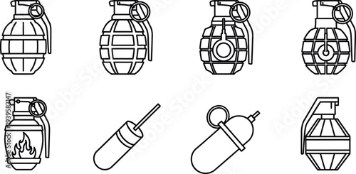 Collection of diverse military grenade and explosive device icons presented as minimalist outline vector illustrations for security war and gaming designs
