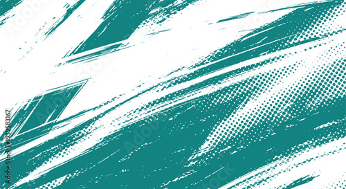 Teal and white distressed background with grunge brush strokes and halftone texture
