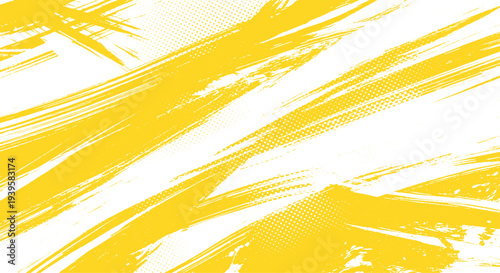 Bright yellow and white distressed graphic background with energetic brush strokes and halftone effect