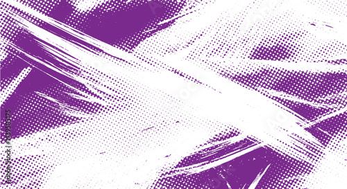 Purple and white abstract background with grunge texture, brush marks, and halftone dots