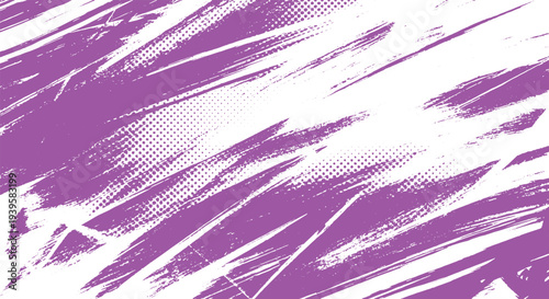 Abstract background with vibrant purple brush strokes, distressed texture, and halftone pattern